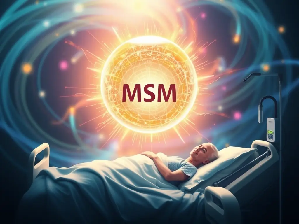 An illustration depicting MSM (Metabolic Support Module) boosting cellular energy production in a patient undergoing emergency treatment.
