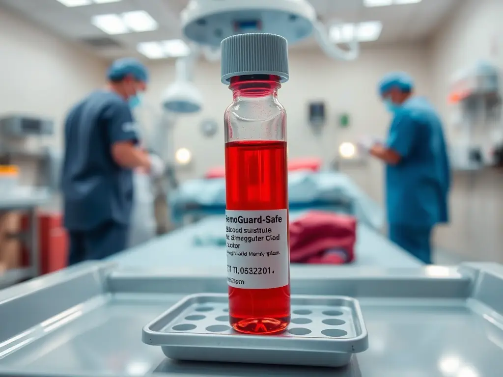 A vial of HemoGuard-Safe blood substitute, showcasing its clear, red color, sitting on a sterile medical tray in a brightly lit emergency room setting, with medical personnel in the background preparing for a trauma case.