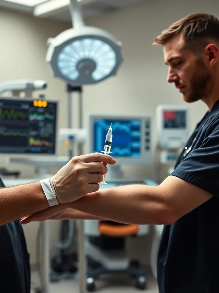 A doctor confidently administering VivoBlood in an emergency room setting, showcasing its ease of use and immediate impact on patient stabilization.