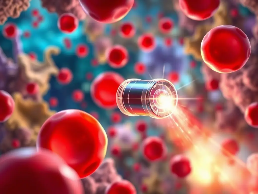 A microscopic view of OTM (Oxygen Transport Module) delivering oxygen to tissues, mimicking the function of red blood cells in a critical care setting.