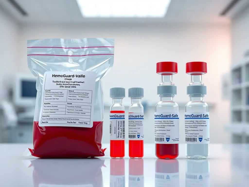 A side-by-side comparison of traditional blood transfusion bags and HemoGuard-Safe vials, emphasizing the logistical advantages and ease of use of the blood substitute in battlefield and emergency scenarios.