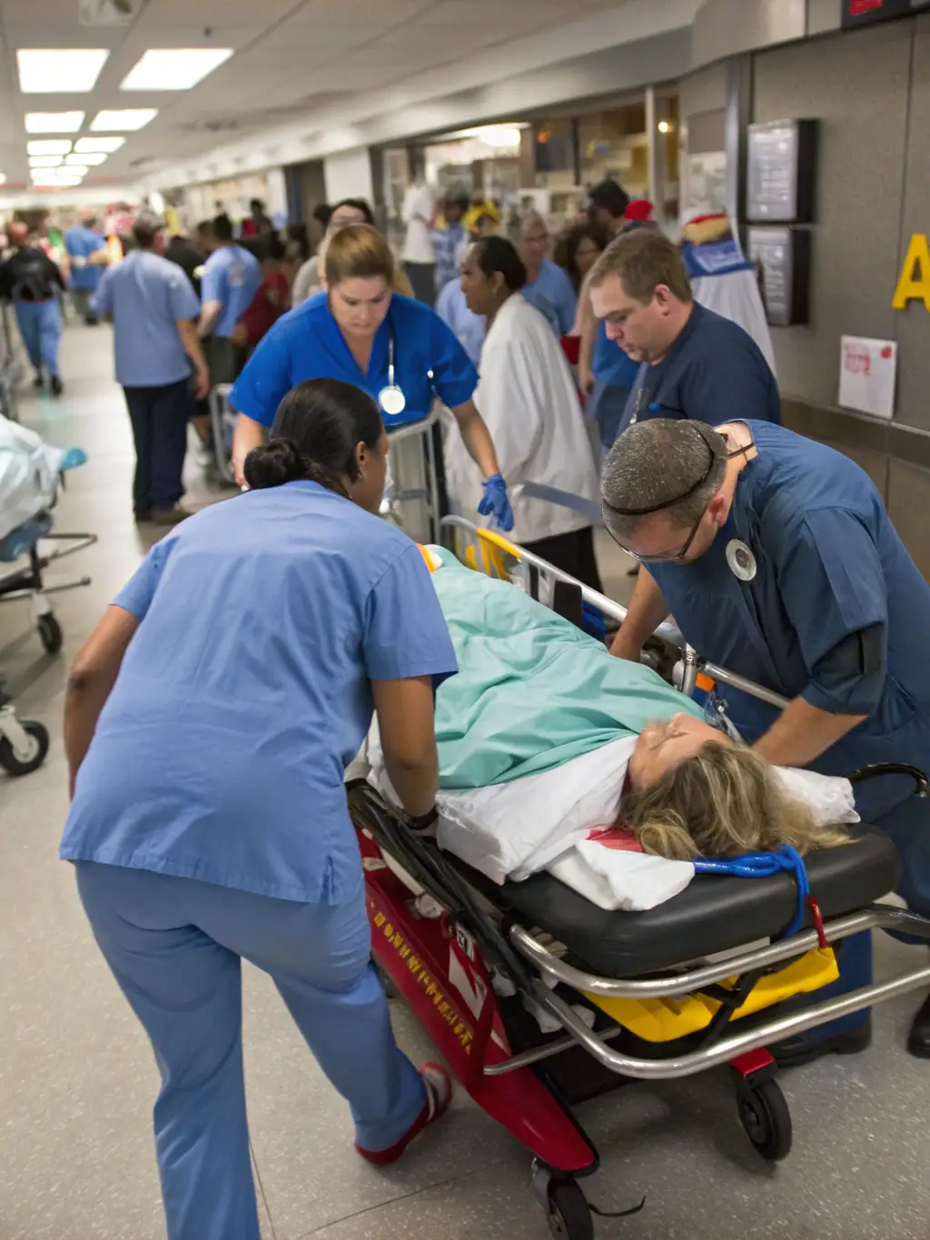 A photo of a trauma bay in a hospital, showing medical professionals attending to a patient. The scene is active but controlled, emphasizing the urgency and precision of trauma care.